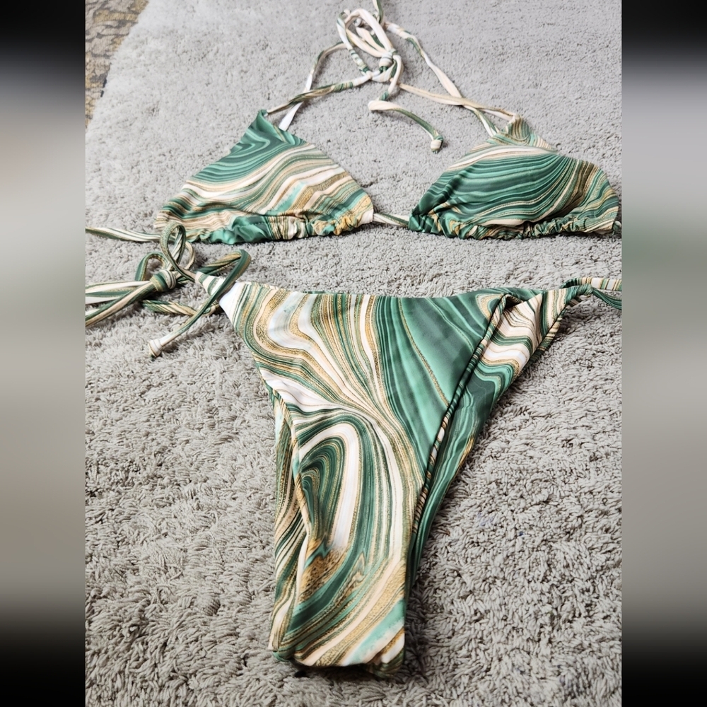 Women's 2 Pc Green Swirl Triangle Slide Bikini Top & Bottom - XS